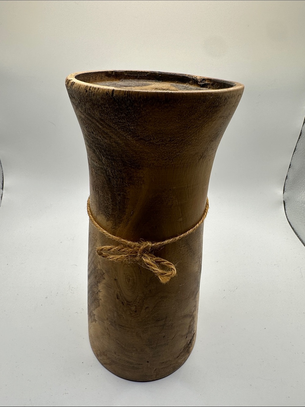 Handcrafted Brown Wood Vase with Natural Twine Accent